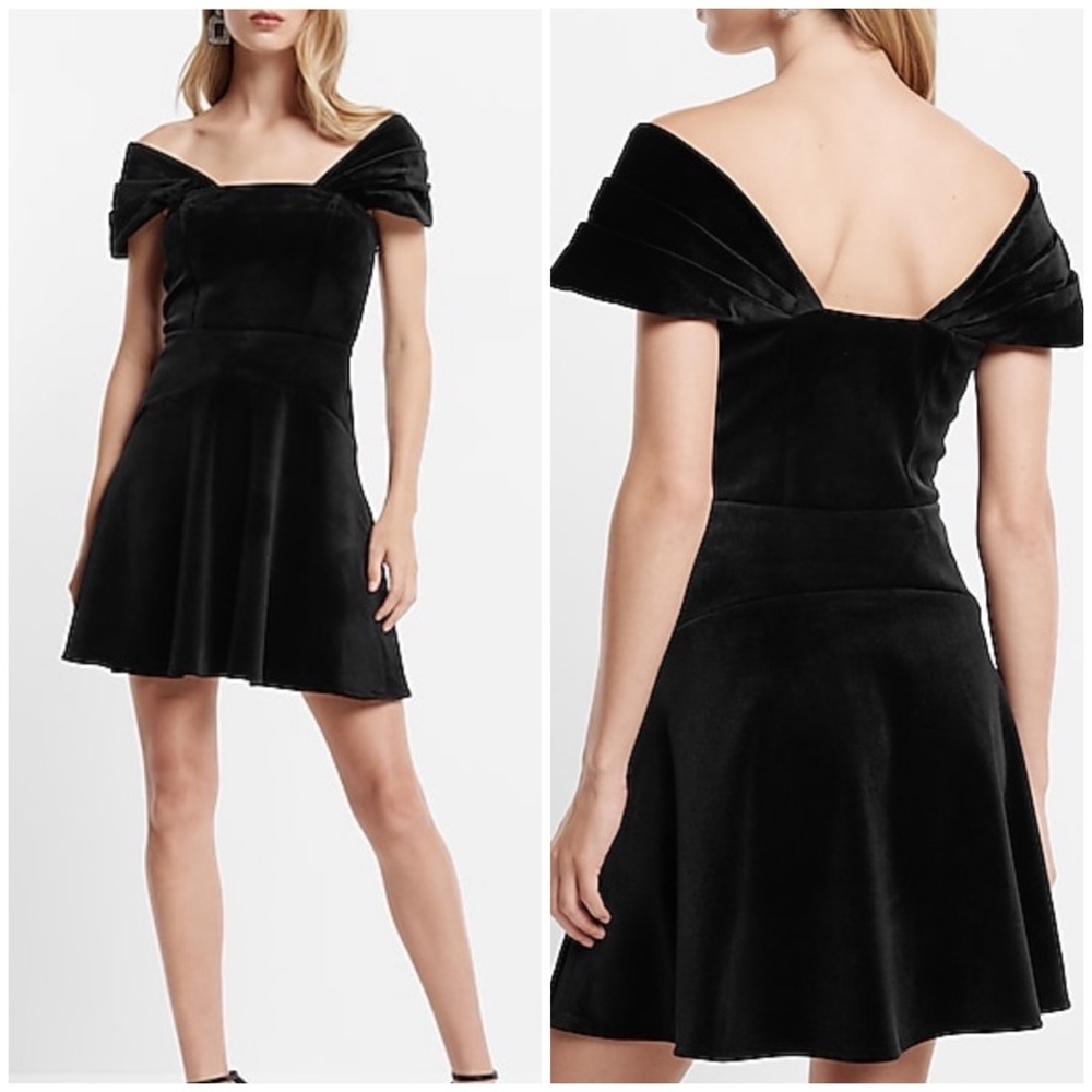 🖤 EXPRESS Black Off-Shoulder Wide Neck Velvet Fit & Flare Dress